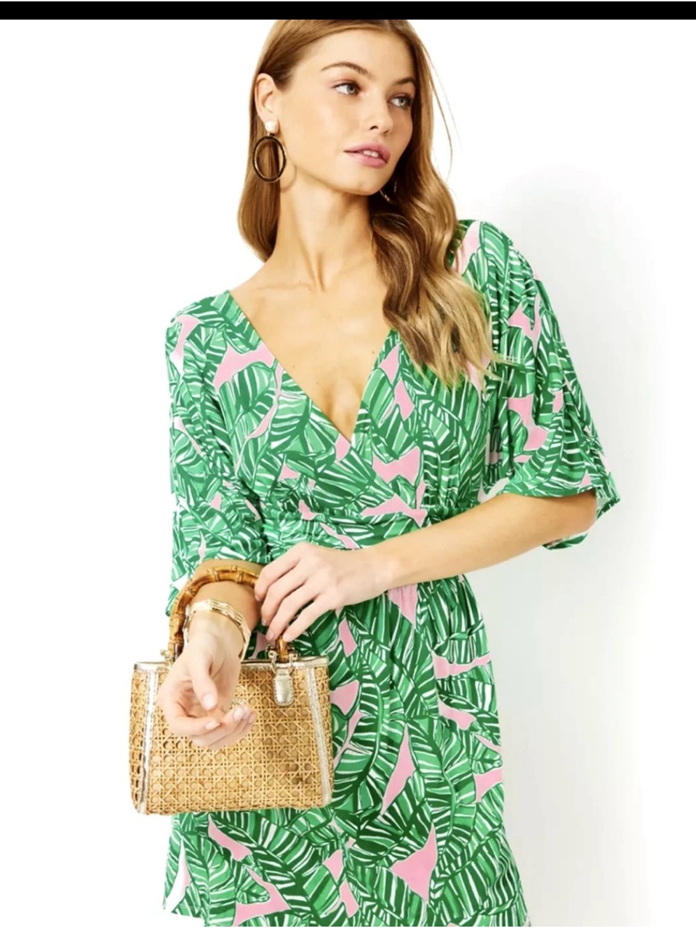 Lilly Pulitzer Green and Pink Tropical Leaf Wrap Cover-Up